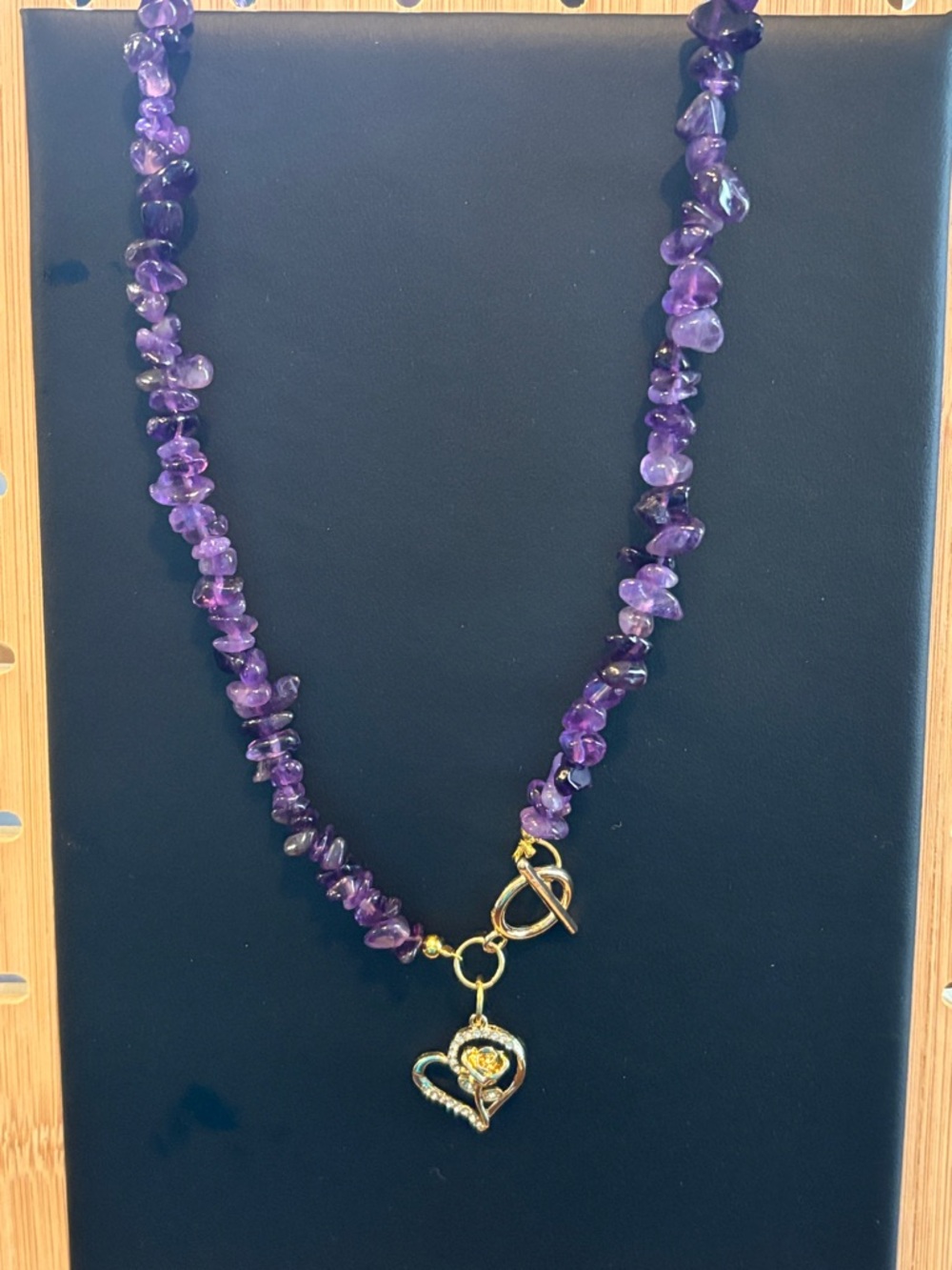 Amethyst Chip Necklace with Gold Heart Pendant - Women Jewelry